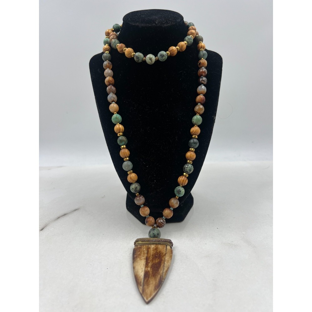 Boho Beaded Statement Necklace Wood Agate Stone Large Shield Pendant Earthy